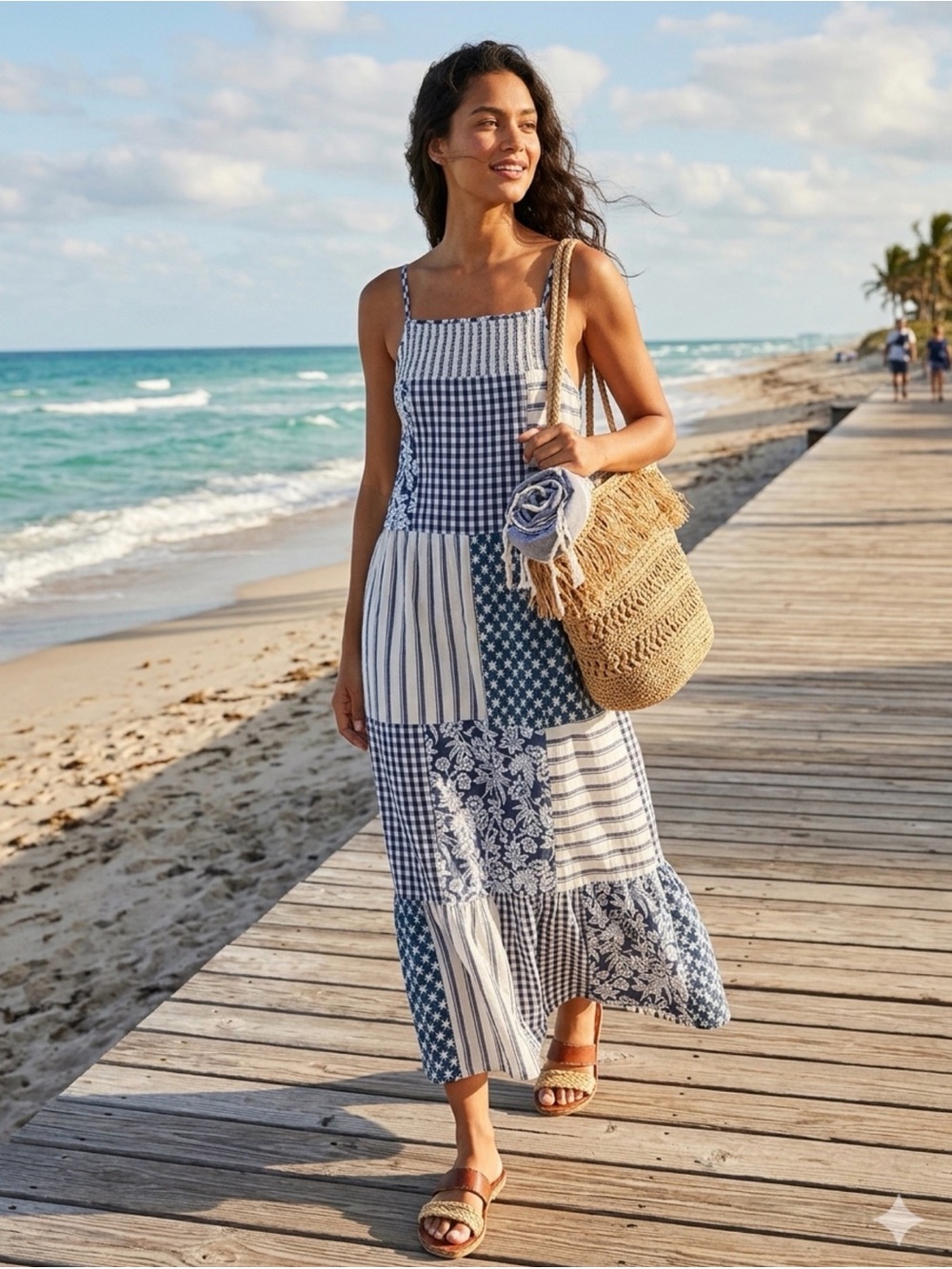 Universal Thread Blue & Cream Patchwork Maxi Dress